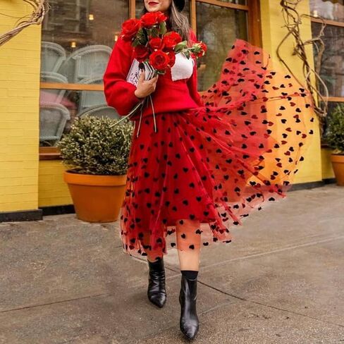 Women Tutu Tulle Skirt Elastic High Waist Layered Skirt Floral Print Mesh A-Line Midi Skirt in Kuwait