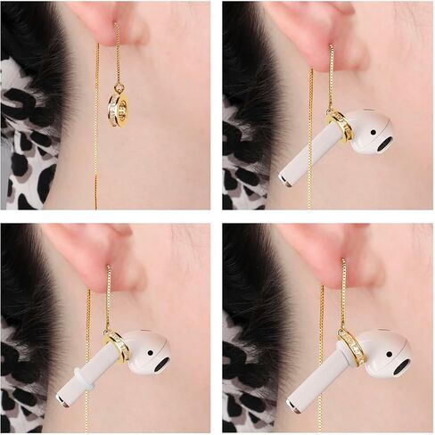 Anti-Lost Earrings Wireless Earphone Holder chain strap Compatible for Airpods pro 2 1 & Airpods 1 2 3 (Gold Zircon Round) in Saudi Arabia