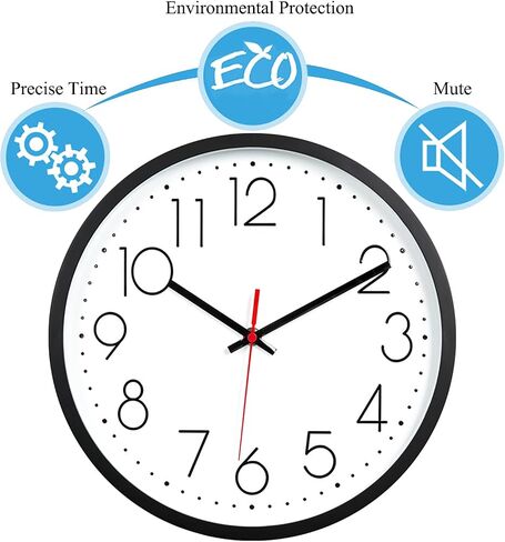 Non-Ticking Silent Wall Clocks 12 Inch Battery Operated Quartz Classic Decor Clock Easy to Read for Bedroom Home Kitchen Room Office School (Black) in Saudi Arabia