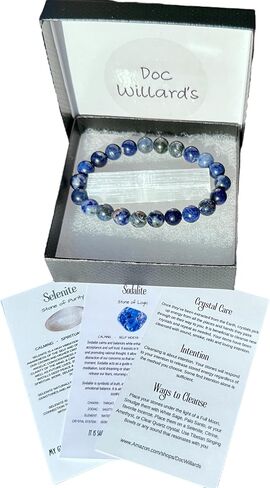 مجموعة هدايا سوار سودالايت مشحون من دوك ويلارد مقاس 8 مم مع مجموعة هدايا سوار سودالايت قابل للتمدد مع قطعة سيلينيت و3 بطاقات معلوماتية بلورات شفاء ميتافيزيقية ريكي in Kuwait