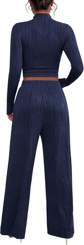 PRETTYGARDEN Women's Fall 2 Piece Outfits 2024 Casual Long Sleeve Crewneck Crop Top Wide Leg Pant Textured Lounge Sets in Saudi Arabia