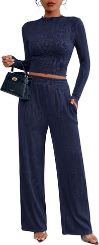 PRETTYGARDEN Women's Fall 2 Piece Outfits 2024 Casual Long Sleeve Crewneck Crop Top Wide Leg Pant Textured Lounge Sets in Saudi Arabia