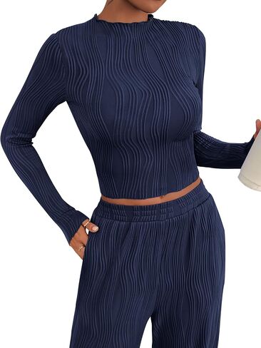 PRETTYGARDEN Women's Fall 2 Piece Outfits 2024 Casual Long Sleeve Crewneck Crop Top Wide Leg Pant Textured Lounge Sets in Saudi Arabia