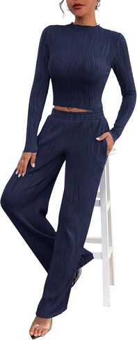PRETTYGARDEN Women's Fall 2 Piece Outfits 2024 Casual Long Sleeve Crewneck Crop Top Wide Leg Pant Textured Lounge Sets in Saudi Arabia