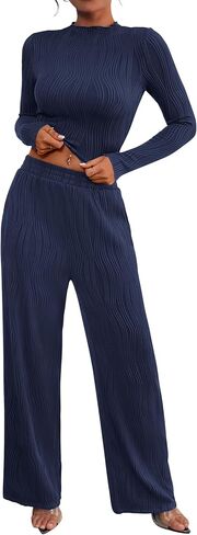 PRETTYGARDEN Women's Fall 2 Piece Outfits 2024 Casual Long Sleeve Crewneck Crop Top Wide Leg Pant Textured Lounge Sets in Saudi Arabia