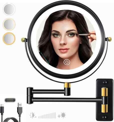 Type-C Rechargeable Wall Mounted Makeup Mirror with Lights & Extendable Arm, 1X/10X Wall Magnifying Mirror with 3 Light Modes, 360° Swivel Dimmable Lighted Vanity Cosmetic Mirror,8Inch,Black in Saudi Arabia