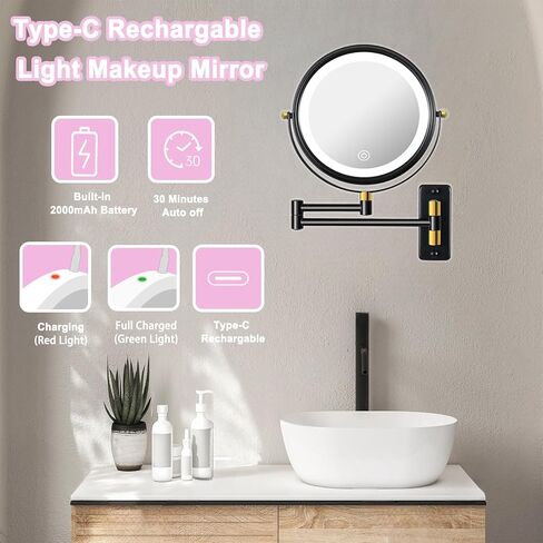 Type-C Rechargeable Wall Mounted Makeup Mirror with Lights & Extendable Arm, 1X/10X Wall Magnifying Mirror with 3 Light Modes, 360° Swivel Dimmable Lighted Vanity Cosmetic Mirror,8Inch,Black in Saudi Arabia