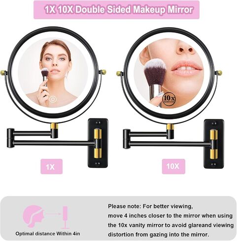 Type-C Rechargeable Wall Mounted Makeup Mirror with Lights & Extendable Arm, 1X/10X Wall Magnifying Mirror with 3 Light Modes, 360° Swivel Dimmable Lighted Vanity Cosmetic Mirror,8Inch,Black in Saudi Arabia