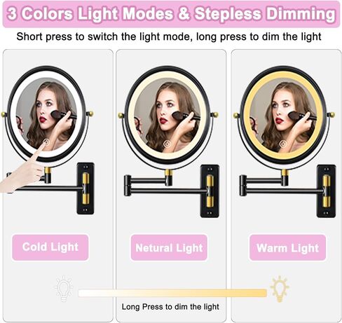 Type-C Rechargeable Wall Mounted Makeup Mirror with Lights & Extendable Arm, 1X/10X Wall Magnifying Mirror with 3 Light Modes, 360° Swivel Dimmable Lighted Vanity Cosmetic Mirror,8Inch,Black in Saudi Arabia