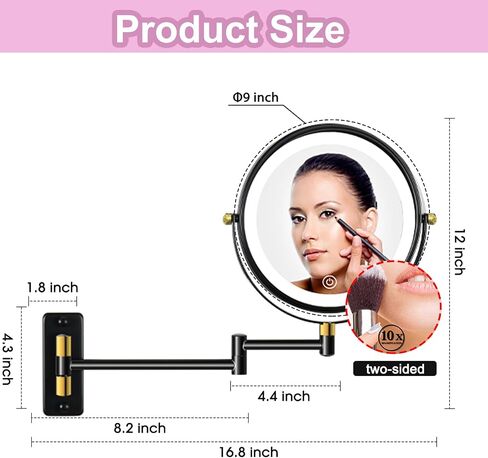 Type-C Rechargeable Wall Mounted Makeup Mirror with Lights & Extendable Arm, 1X/10X Wall Magnifying Mirror with 3 Light Modes, 360° Swivel Dimmable Lighted Vanity Cosmetic Mirror,8Inch,Black in Saudi Arabia
