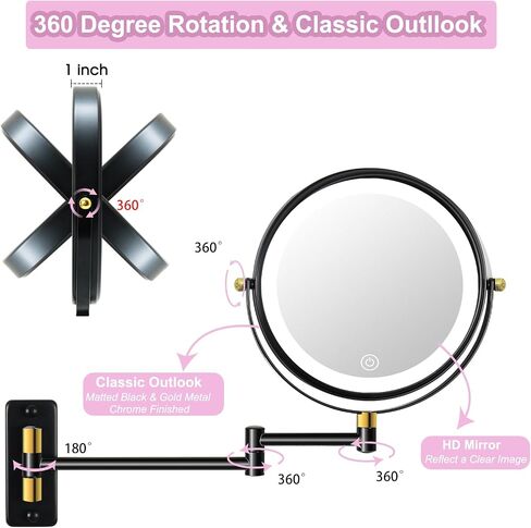 Type-C Rechargeable Wall Mounted Makeup Mirror with Lights & Extendable Arm, 1X/10X Wall Magnifying Mirror with 3 Light Modes, 360° Swivel Dimmable Lighted Vanity Cosmetic Mirror,8Inch,Black in Saudi Arabia