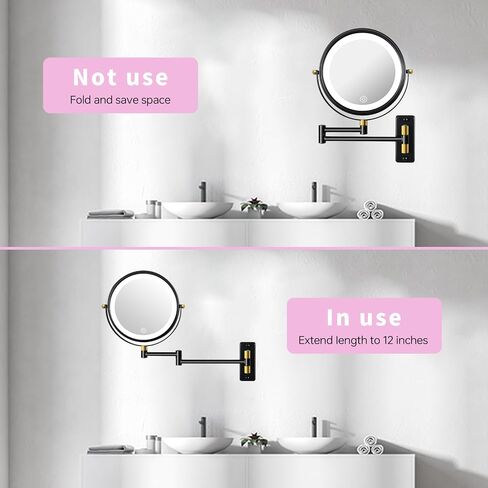 Type-C Rechargeable Wall Mounted Makeup Mirror with Lights & Extendable Arm, 1X/10X Wall Magnifying Mirror with 3 Light Modes, 360° Swivel Dimmable Lighted Vanity Cosmetic Mirror,8Inch,Black in Saudi Arabia