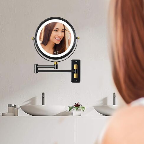 Type-C Rechargeable Wall Mounted Makeup Mirror with Lights & Extendable Arm, 1X/10X Wall Magnifying Mirror with 3 Light Modes, 360° Swivel Dimmable Lighted Vanity Cosmetic Mirror,8Inch,Black in Saudi Arabia