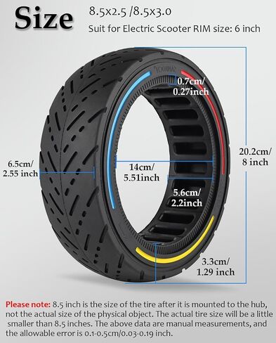 إطار سكوتر صلب مقاس 8.5 × 2.5 بوصة، استبدال الإطارات الصلبة للطرق السريعة مقاس 8.5 × 3 8 1/2 × 2.5 لـ Dualtron Mini & Speedway Leger/Pro سكوتر كهربائي أمامي/عجلة خلفية مع دائرة أحمر أزرق أصفر in Kuwait