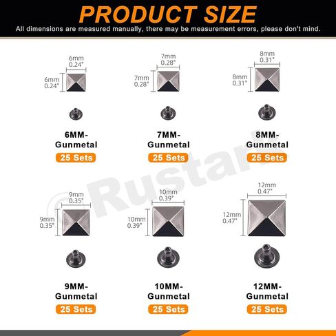 Rustark 150 Sets 6 Sizes 6mm 7mm 8mm 9mm 10mm 12mm Antique Brass Pyramid Rivet Square Leather Rivets Kit Metal Studs Pyramid Rapid Rivet Studs Assortment Kit for DIY Leather Craft Decorations in Saudi Arabia