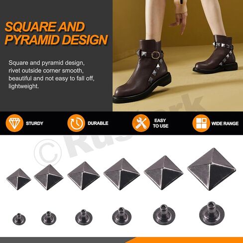 Rustark 150 Sets 6 Sizes 6mm 7mm 8mm 9mm 10mm 12mm Antique Brass Pyramid Rivet Square Leather Rivets Kit Metal Studs Pyramid Rapid Rivet Studs Assortment Kit for DIY Leather Craft Decorations in Saudi Arabia