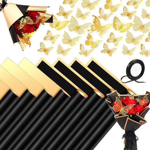 Yeaqee 100 Sheets Black Bouquet Wrapping Paper Waterproof Double Color Florist Bouquet Wrapping Paper Bulk for DIY Crafts Gift Packaging with Butterfly Ribbons Decor for Mother's Day Florist Supplies in Saudi Arabia