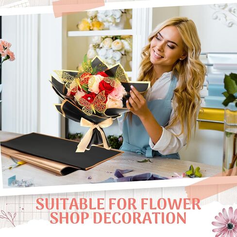 Yeaqee 100 Sheets Black Bouquet Wrapping Paper Waterproof Double Color Florist Bouquet Wrapping Paper Bulk for DIY Crafts Gift Packaging with Butterfly Ribbons Decor for Mother's Day Florist Supplies in Saudi Arabia