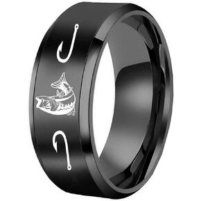 Men's 8mm Polished Titanium Steel Ring Engraved Hunting Fishing Pattern Black Band