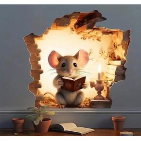 Mouse Reading by a Lamp Wall Decal, Hole in Wall Sticker, 3.6 Inches Tall, 4 Inches Wide