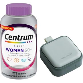 Centrum Silver Women 50+ Multivitamin, 275 Count Bundle with Long Glacier Pill Oragnizer, Small Cute Pill Container for Medicine, Vitamins, Fish Oils, Supplement, Green