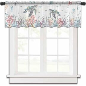 Oecan Sea Turtle Valance Curtains for Kitchen/Living Room/Bathroom/Bedroom Window,Rod Pocket Small Topper Half Short Window Curtains Voile Sheer Scarf, Coral Seaweed Blue White Watercolor 42"x12"