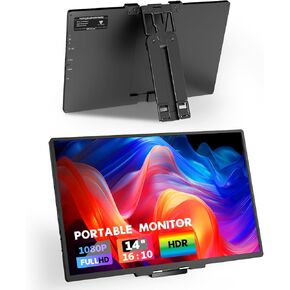 14inch Portable Monitor 1080P FHD IPS Computer Display, Second External Gaming Monitor USB-C HDMI Utral-Slim Travel Monitor for Laptop,PC,Mac,Phone,PS,Xbox,Switch, with Built-in Kickstand/Leather Bag
