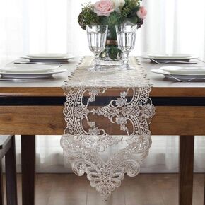 ARTABLE Lace Table Runner Dresser Scarf Macrame Embroidered Table Runners with Exquisite Flower Vintage Shabby Chic for Wedding Holiday Dinning (Champagne, 10 x 36 Inch)