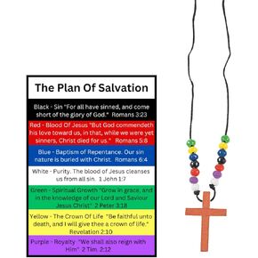 12 Sets of Wooden Colors of Faith Plan of Salvation Beaded Cross Necklaces with Plan of Salvation Pocket Cards Gospel Tracts Using 7 Colors of Salvation Ministering Tool Inspirational Bible Verses