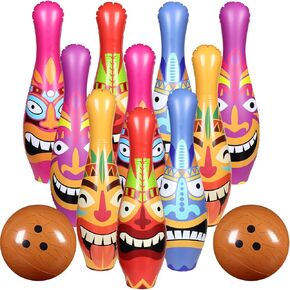 12 Pcs Giant Inflatable PVC Bowling Toy Set, 10 Tiki Jumbo Bowling Pins and 2 Coconut Yard Bowling Balls for Kids Toddlers Adults Birthday Party Activities Educational Games Indoor Outdoor
