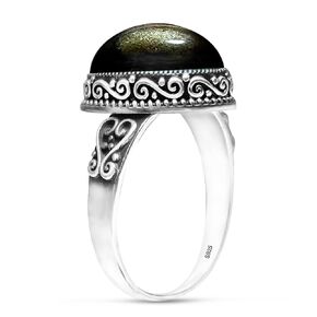 Oval Black Obsidian Stone Ring for Women,Retro Vintage Antique S925 Sterling Silver Natural Crystal Quartz Gemstone Boho Bohemian Statement Ring Jewelry Gift for Women (Ring_A, 6)