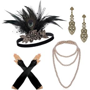 1920s Flapper Accessories Gatsby Costume Accessories Set for Women 20s Headpiece Pearl Necklace Gloves Holder