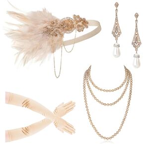 1920s Flapper Accessories Gatsby Costume Accessories Set for Women 20s Headpiece Pearl Necklace Gloves Holder