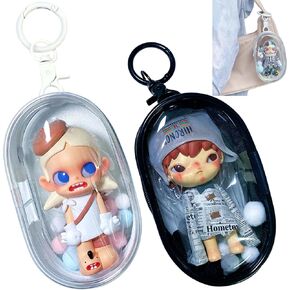 2pcs Clear Figure Display Bag with Keychain Pompom Ball Portable Mini Doll Pouch Carrying Case Blind Box Figures Display Case for Collectibles Zipper Closure (Oval)
