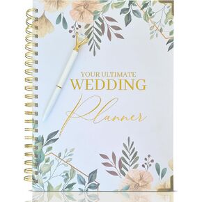 Amazing Wedding Planner with a Unique Beautiful Design with Golden Spiral Wire and Edges as Corner Protectors, Diamond Type Pen is Included with the Wedding Planning Book and Organizer, White