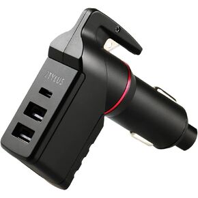 Ztylus Stinger USB Type C Car Charger Emergency Escape Tool: Spring Loaded Window Breaker Punch, Seat Belt Cutter, 1 USB-C Port + 2 USB-A Ports Cigarette Charger, 3.0A Max Output (1 pc Black)