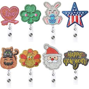 PANTIDE 8Pcs Holiday Badge Reels Love Heart Clover Bunny Embroidered Retractable Felt Name ID Card Decorative Badge Holders with Alligator Clip for Independence Thanksgiving Day Christmas Halloween