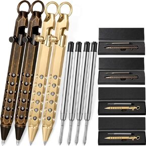 Chinco Bolt Action Fountain Pen Set Men's Gift 4 Hexagon Solid Brass Pens and 4 Refills EDC Signature Pocket Size Fountain Pens with Gift Box for Christmas Father's Day Birthday(Brass, Retro Black)