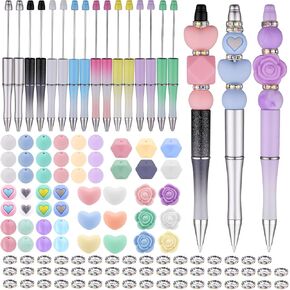 16 Pcs Plastic Beadable Pens Assorted Bead Pens Silicone Beads Crystal Spacer Beads Set Black Ink DIY Multicolor Ballpoint Pen Set for Women Kids Gifts School Office Supplies