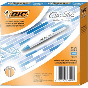 BIC Clic Stic Retractable Ballpoint Pen, Medium Point 1.0mm - 50 Count (Blue)