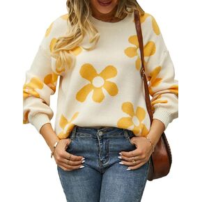 Yimoon Women's Cute Flower Sweater Oversized Crewneck Cable Knit Pullover Top Long Sleeve Aesthetic Sweater