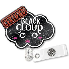 Certified Black Cloud Glitter Black Cute Badge Reel Retractable with Shark Clip, Fun Black Cloud Badge Clip Gift for Nurse Doctor Medical Caregiver Colleague RN LVN LPN Nursing Student