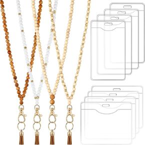 12 Pieces Wood Beaded Lanyards and Card Holder Set, Including 4 Wooden Bead Neck Strap Bohemian Bead Lanyards with Tassel and 8 Clear Card Holders in 2 Style for Keys, Phone Bags (Retro Style)