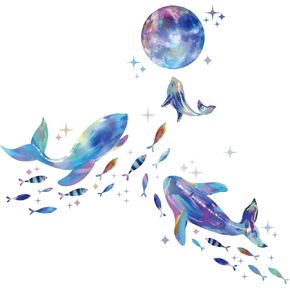 Glow in The Dark Ocean Wall Stickers Dazzling Whale Fish Star Wall Decals Baby Room Decoration Girls Boys Bedroom Wall Art Decor Removable Vinyl Mural