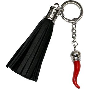 Italian Red Horn Keychain with Black Leather Tassel and Stainless Steel Keyring - Great Key Chains Women & Charm for Italy Pride