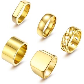 Sanfenly 5PCS 14K Gold Rings for Men Mens Gold Ring Mens Stainless Steel Rings Square Signet Rings Pinky Thumb Ring Chunky Thick Band Cuban Link Chain Ring Cool Finger Ring Wedding Band Ring for Men（Size 7-15）