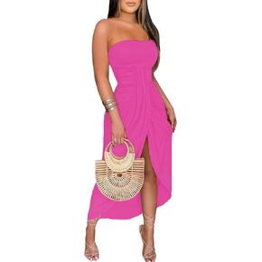 فستان طويل طويل للنساء من Umenlele بدون حمالات مكشكش بخصر عالٍ وثنية منفصلة غير متماثلة للشاطئ in Kuwait