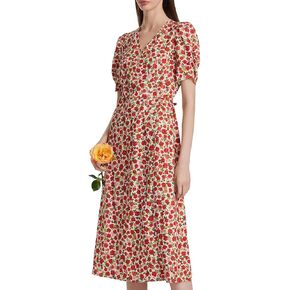 Women's Summer Midi Dresses 2024 Casual Rose Floral Dress Puffy Sleeve V-Neck Tie Waist Dresses Wedding Guest Dress