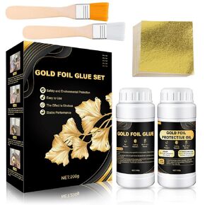 Gold Leaf Adhesive Set 200ml Gold Plating Kit Protective Varnish 100 pcs Gilding Adhesive Set Gold Leaf Sheets, 2 Brushes, Water Based Leaf Glue for Craft, Painting, Resin Arts Decoration