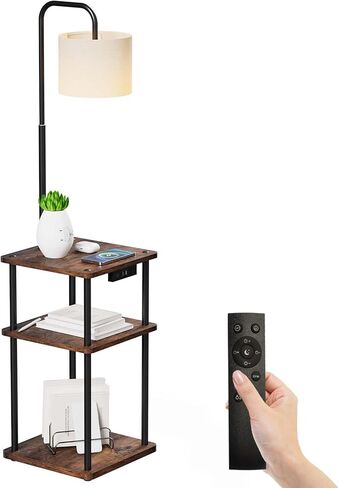 Floor Lamp with Table, Lamp with Shelves and Wireless Charging, Stepless Color Temperature Adjustment with 9W Bulb and Magnetic Remote Control for Living Room, Bedroom in Saudi Arabia